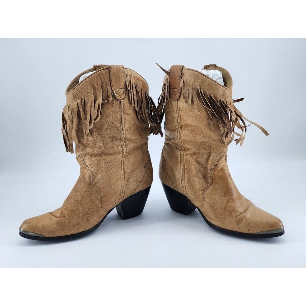 Dingo Women's Pull On Fringe Studded Western Cowgirl Boots Tan Leather Size 6.5M - Picture 6 of 10